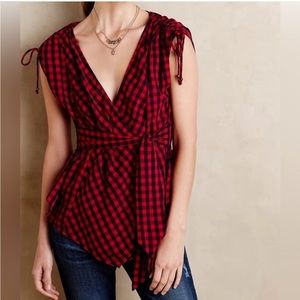 Anthropologie Holding Horses Plaid Sleeveless Wrap Top Red & Black Size 12